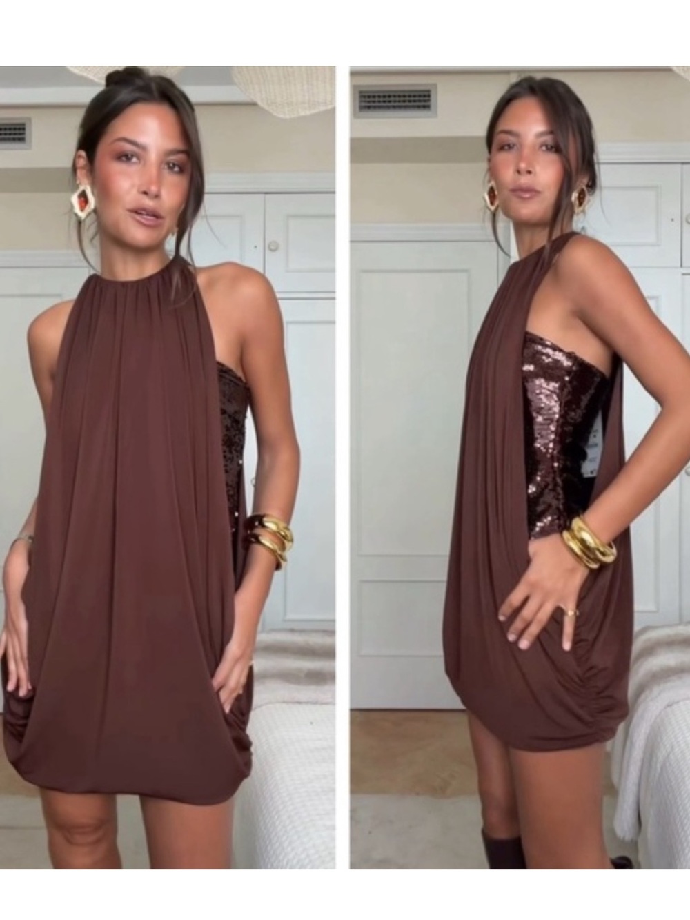 NWT ZARA COMBINATION SEQUIN BUBBLE DRESS M MINK
